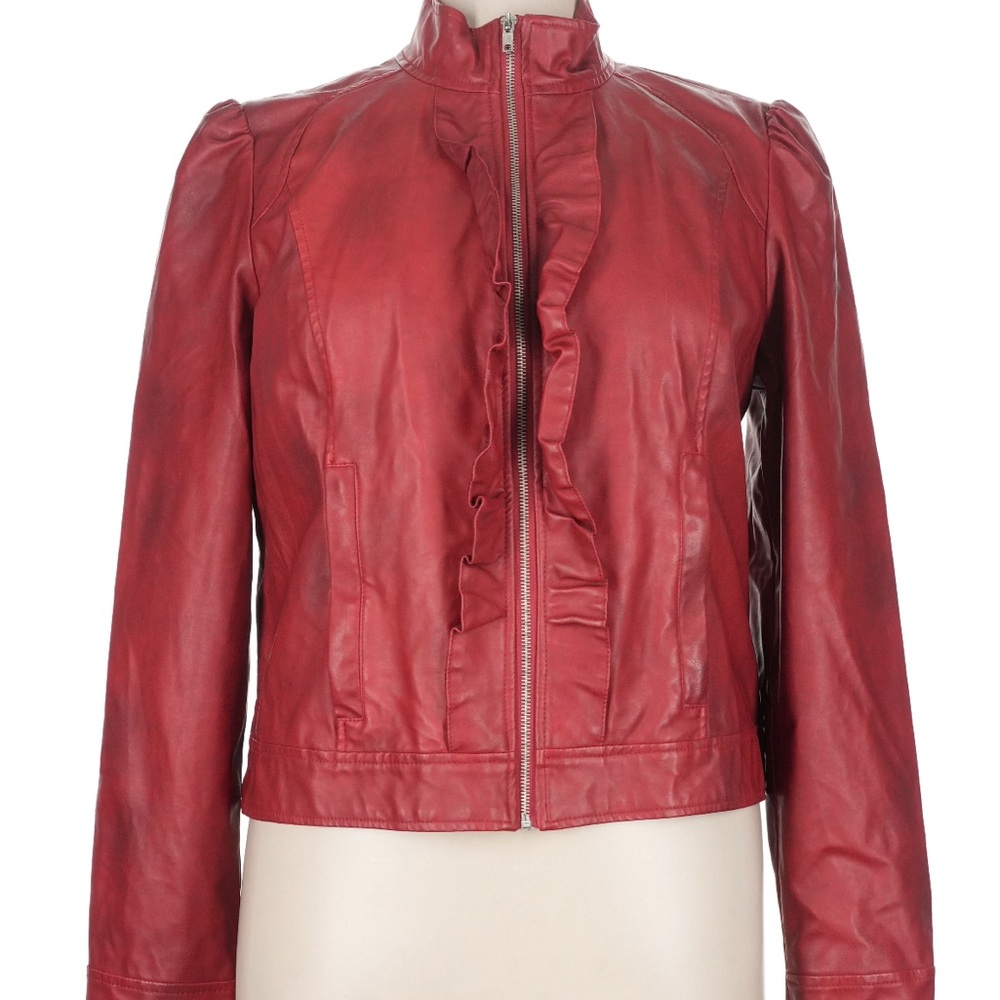 Good Condition Red Women's Ruffled Zip-Front Faux Leather Jacket XL